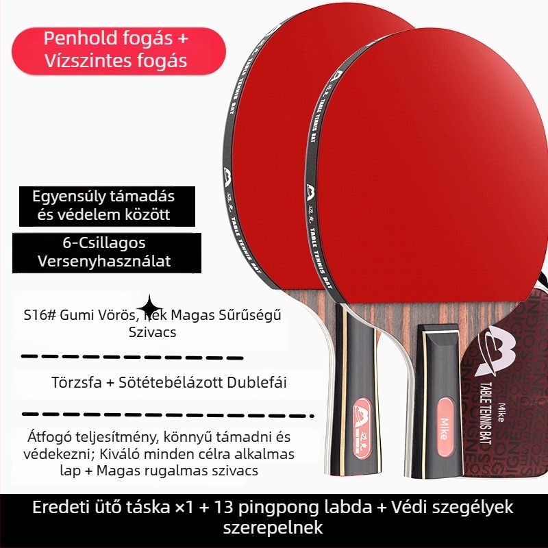 asztaliteniszütő hosszú nyele, közvetlen ütés, ragasztó gumi, többanyagú penge (Poplar, basswood, ebony, teak) kezdőknek