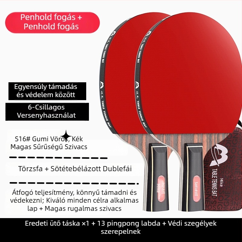 asztaliteniszütő hosszú nyele, közvetlen ütés, ragasztó gumi, többanyagú penge (Poplar, basswood, ebony, teak) kezdőknek