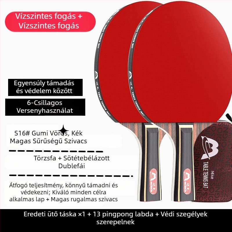 asztaliteniszütő hosszú nyele, közvetlen ütés, ragasztó gumi, többanyagú penge (Poplar, basswood, ebony, teak) kezdőknek