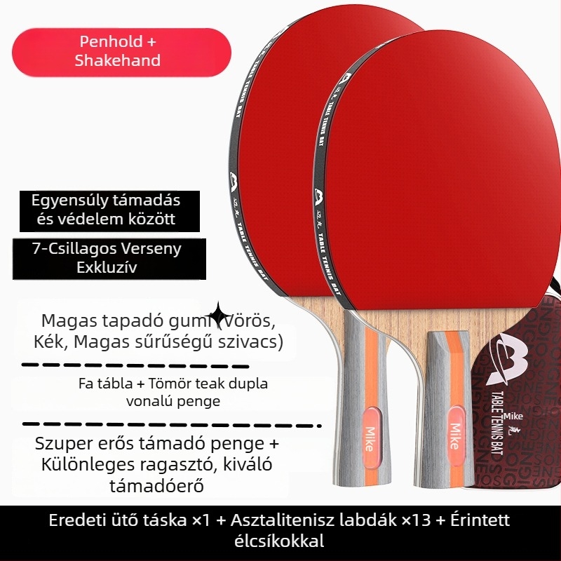 asztaliteniszütő hosszú nyele, közvetlen ütés, ragasztó gumi, többanyagú penge (Poplar, basswood, ebony, teak) kezdőknek