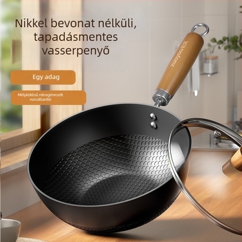 Vékony vas wok üvegfedővel, egy alappal, bevonat nélkül, gáztűzhelyhez való
