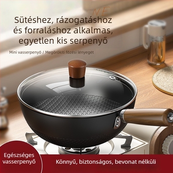 Vékony vas wok üvegfedővel, egy alappal, bevonat nélkül, gáztűzhelyhez való