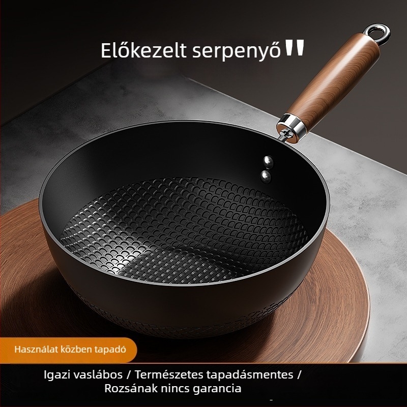 Vékony vas wok üvegfedővel, egy alappal, bevonat nélkül, gáztűzhelyhez való