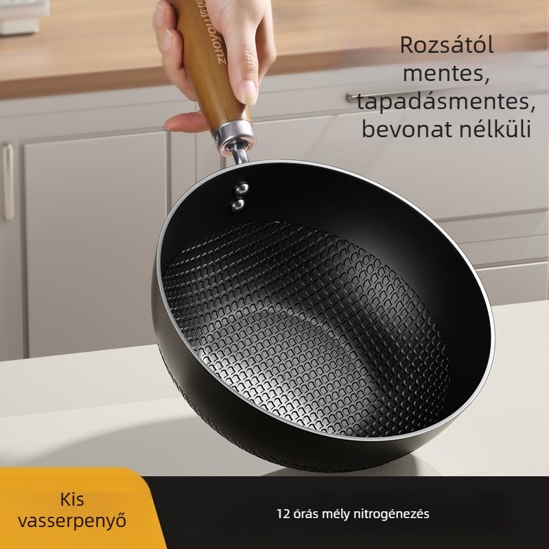 Vékony vas wok üvegfedővel, egy alappal, bevonat nélkül, gáztűzhelyhez való