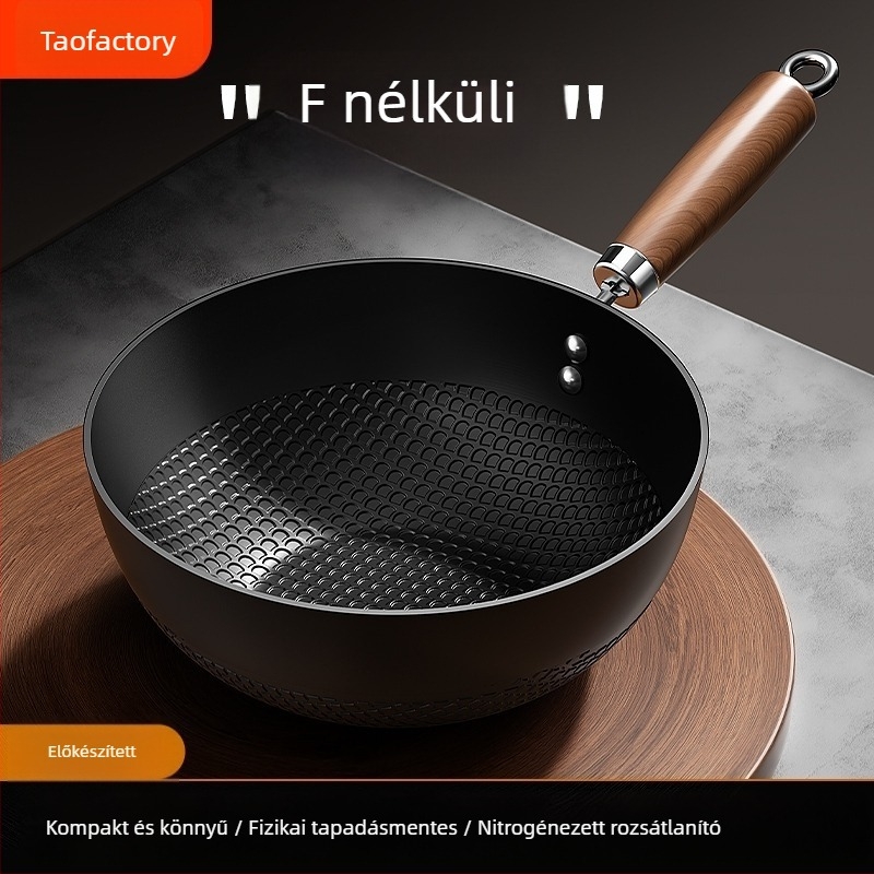 Vékony vas wok üvegfedővel, egy alappal, bevonat nélkül, gáztűzhelyhez való