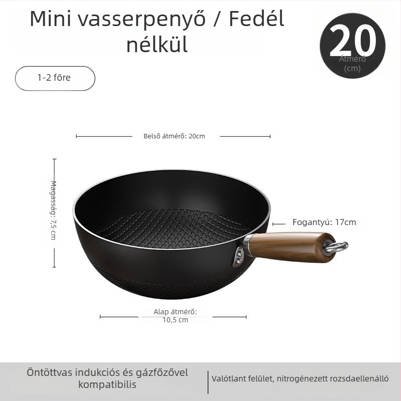 Vékony vas wok üvegfedővel, egy alappal, bevonat nélkül, gáztűzhelyhez való