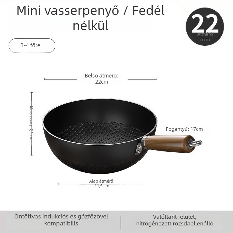 Vékony vas wok üvegfedővel, egy alappal, bevonat nélkül, gáztűzhelyhez való