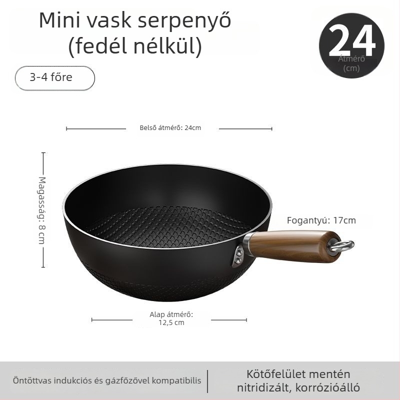 Vékony vas wok üvegfedővel, egy alappal, bevonat nélkül, gáztűzhelyhez való