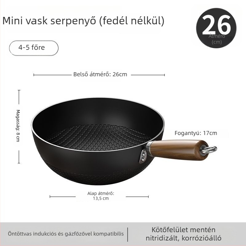 Vékony vas wok üvegfedővel, egy alappal, bevonat nélkül, gáztűzhelyhez való