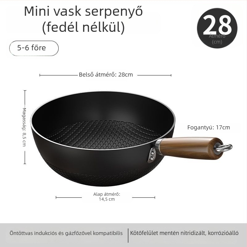 Vékony vas wok üvegfedővel, egy alappal, bevonat nélkül, gáztűzhelyhez való