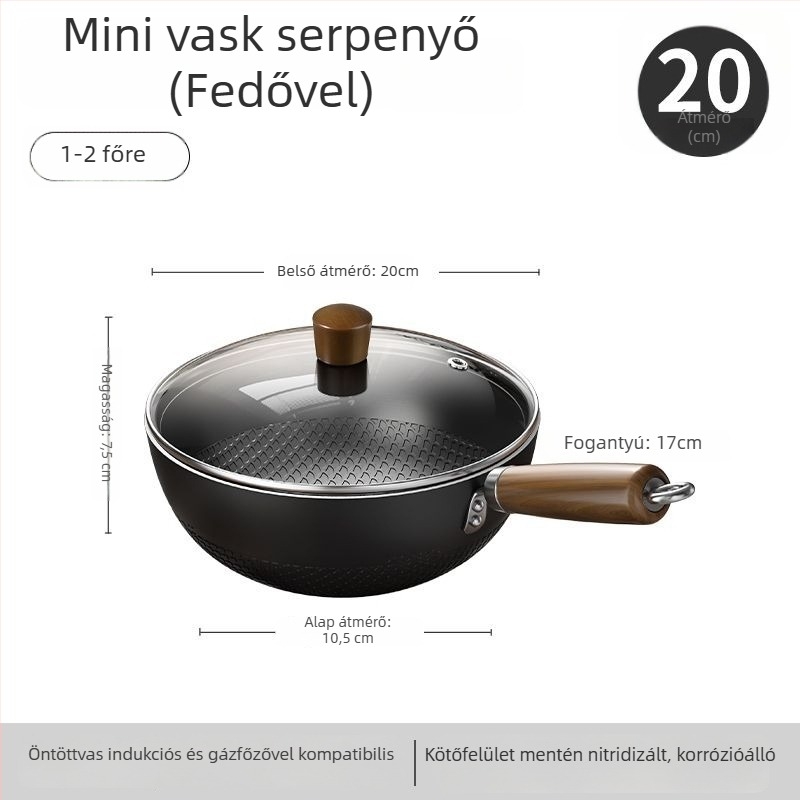 Vékony vas wok üvegfedővel, egy alappal, bevonat nélkül, gáztűzhelyhez való