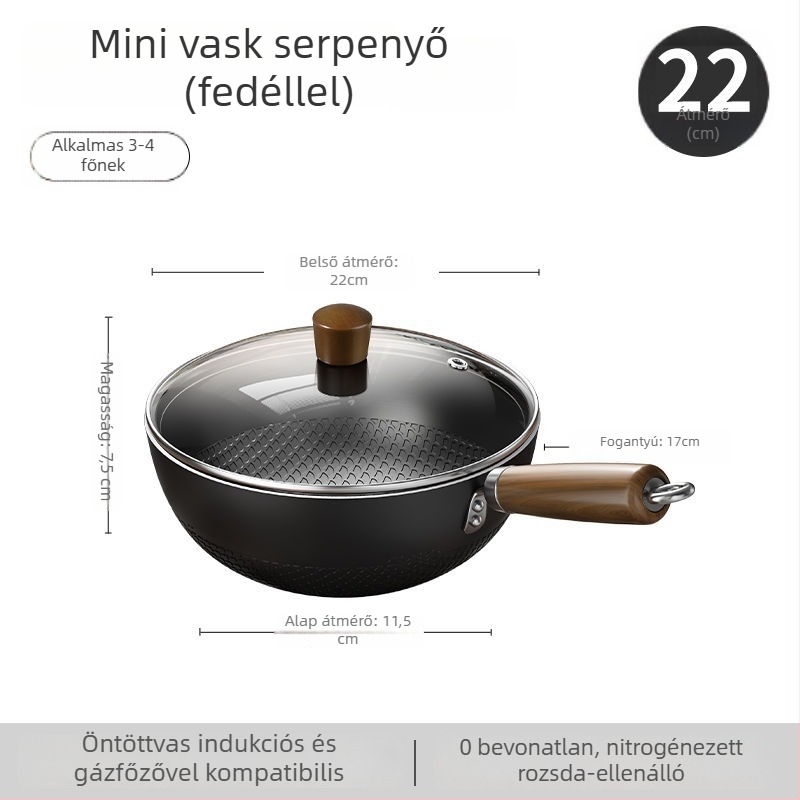 Vékony vas wok üvegfedővel, egy alappal, bevonat nélkül, gáztűzhelyhez való