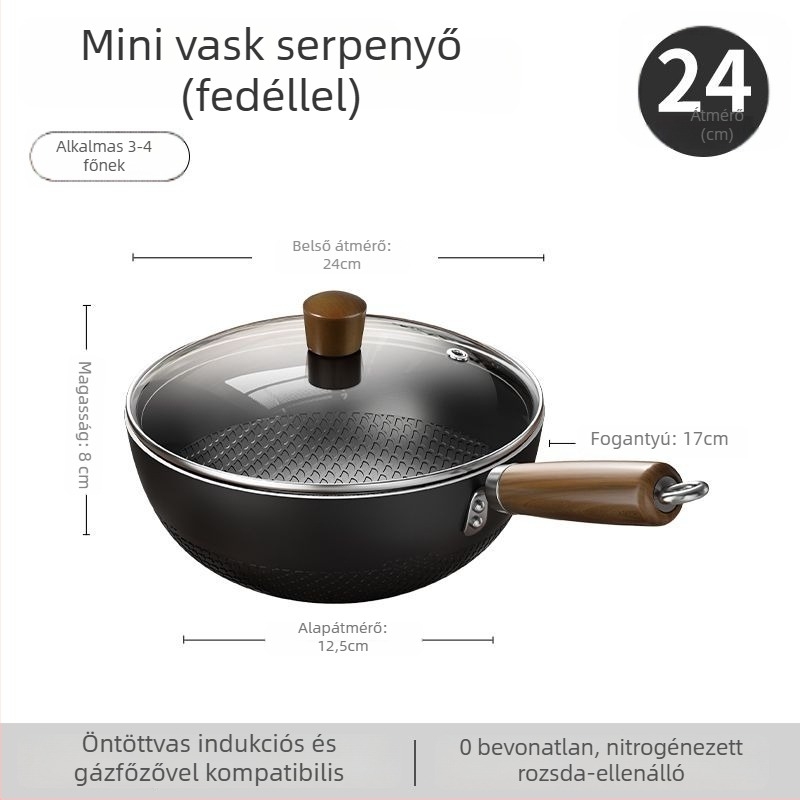 Vékony vas wok üvegfedővel, egy alappal, bevonat nélkül, gáztűzhelyhez való
