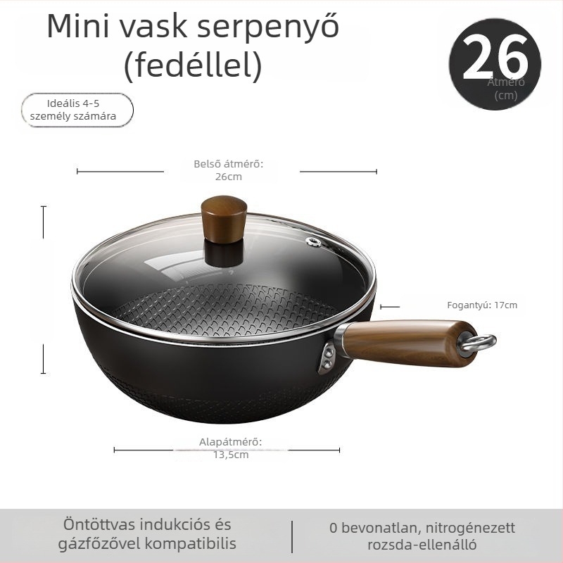 Vékony vas wok üvegfedővel, egy alappal, bevonat nélkül, gáztűzhelyhez való