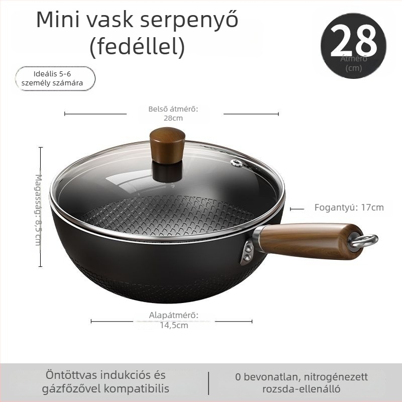 Vékony vas wok üvegfedővel, egy alappal, bevonat nélkül, gáztűzhelyhez való
