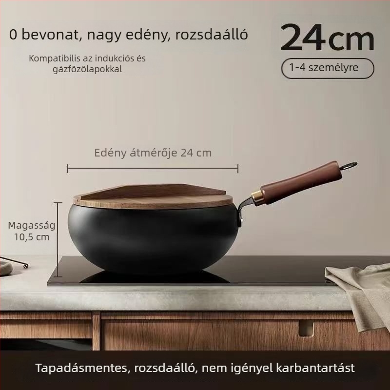 Hagyományos nagy pocakú öntöttvas wok, kézzel készített háztartási serpenyő antiadhéz bevonattal