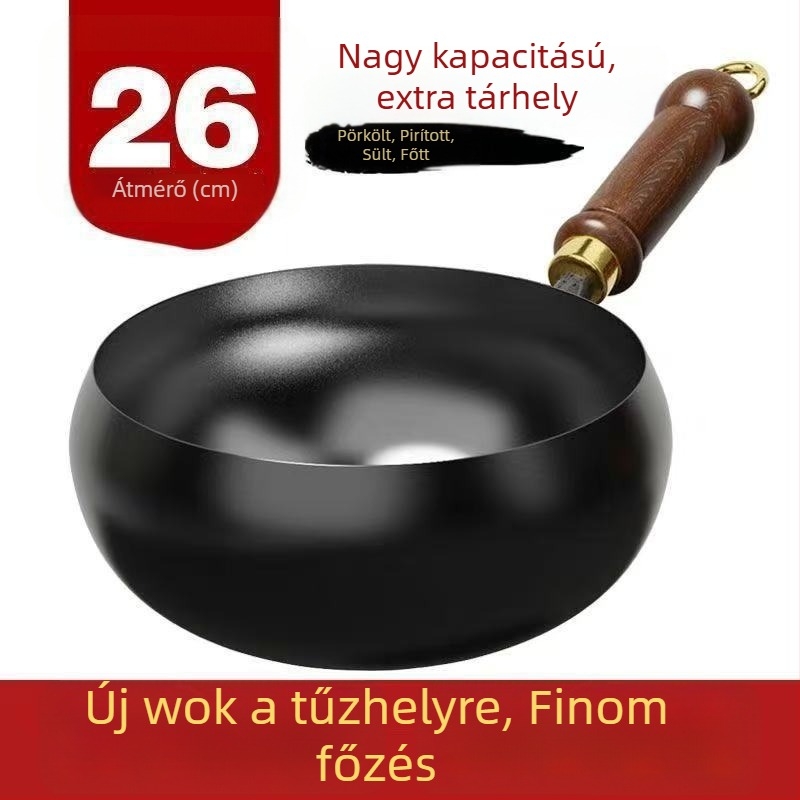 Hagyományos nagy pocakú öntöttvas wok, kézzel készített háztartási serpenyő antiadhéz bevonattal
