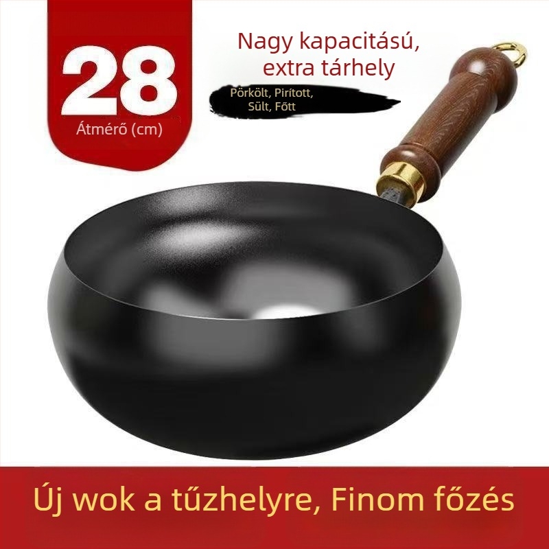 Hagyományos nagy pocakú öntöttvas wok, kézzel készített háztartási serpenyő antiadhéz bevonattal
