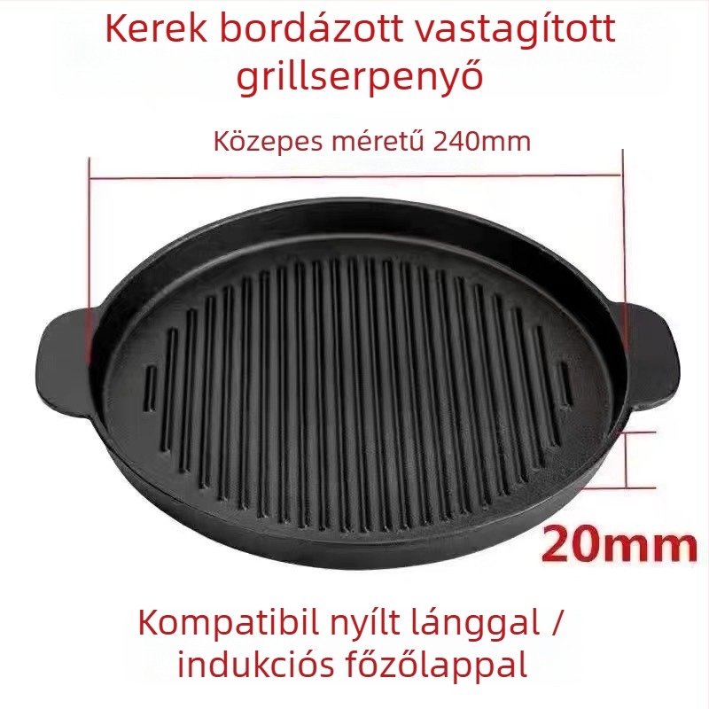 Kerek öntöttvas grillsütő tál, 2 kg, elektropolírozott felület, szigetelt, tapadásmentes
