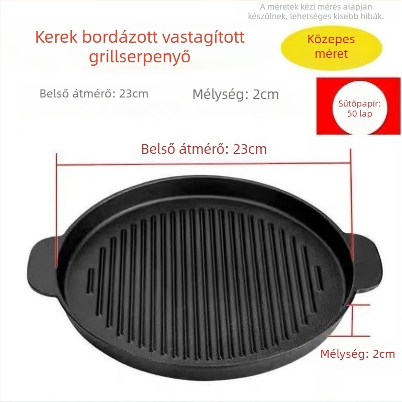 Kerek öntöttvas grillsütő tál, 2 kg, elektropolírozott felület, szigetelt, tapadásmentes