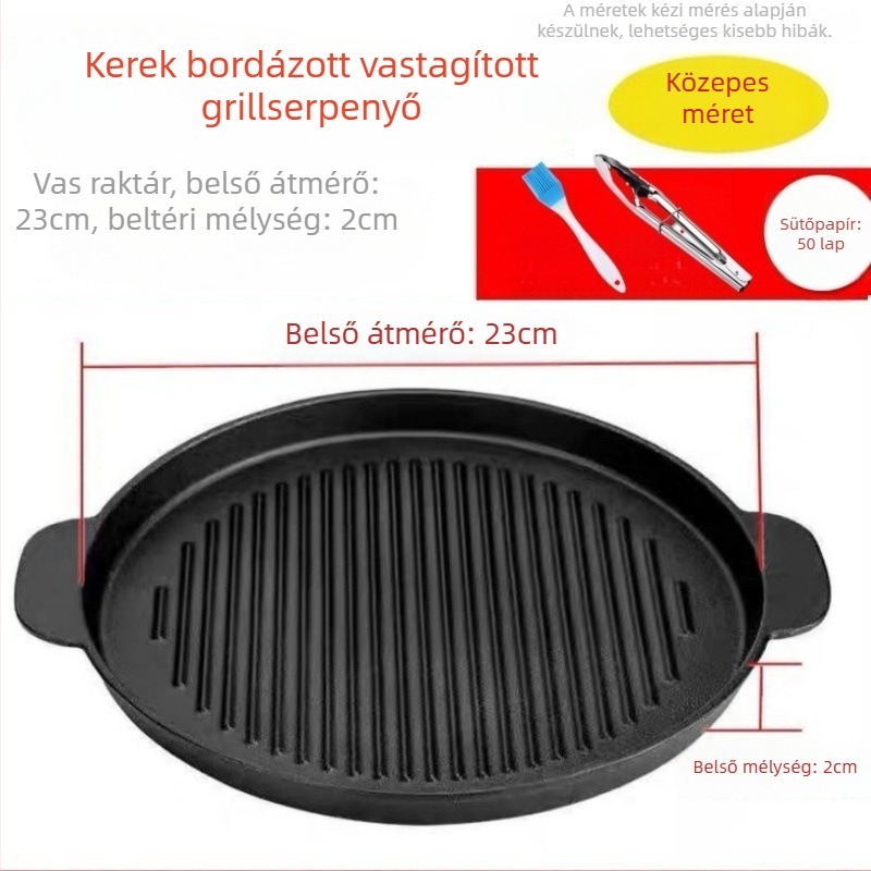 Kerek öntöttvas grillsütő tál, 2 kg, elektropolírozott felület, szigetelt, tapadásmentes