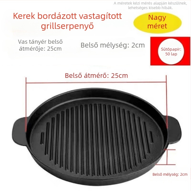 Kerek öntöttvas grillsütő tál, 2 kg, elektropolírozott felület, szigetelt, tapadásmentes