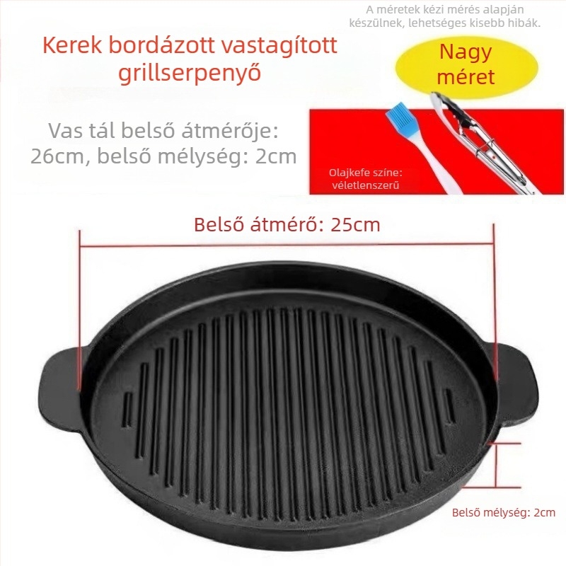 Kerek öntöttvas grillsütő tál, 2 kg, elektropolírozott felület, szigetelt, tapadásmentes