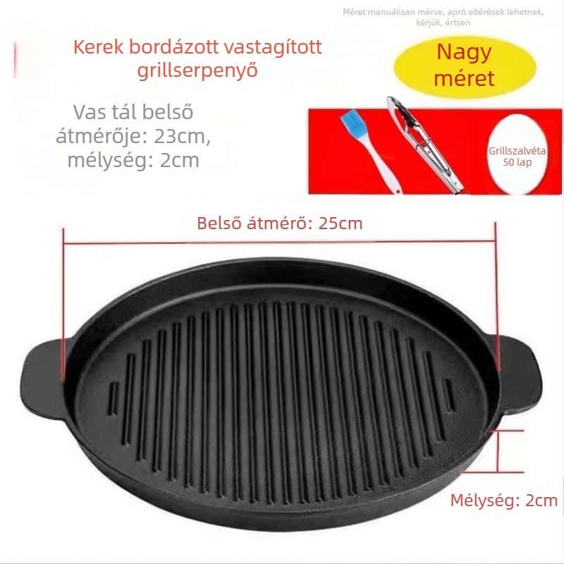 Kerek öntöttvas grillsütő tál, 2 kg, elektropolírozott felület, szigetelt, tapadásmentes