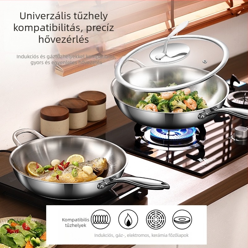 304 rozsdamentes acél, bevonat nélküli wok, lapos aljzat, háromrétegű aljzat