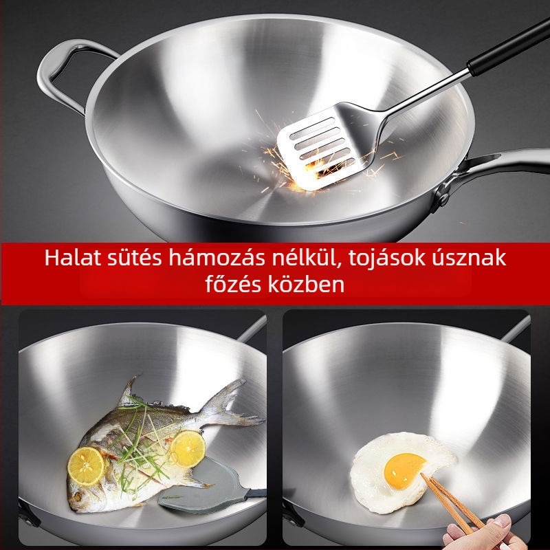 Rozsdamentes acél wok edény tapadásmentes felülettel, egyszeres aljzattal, 10 cm mély, univerzális tűzhelyhez kompatibilis