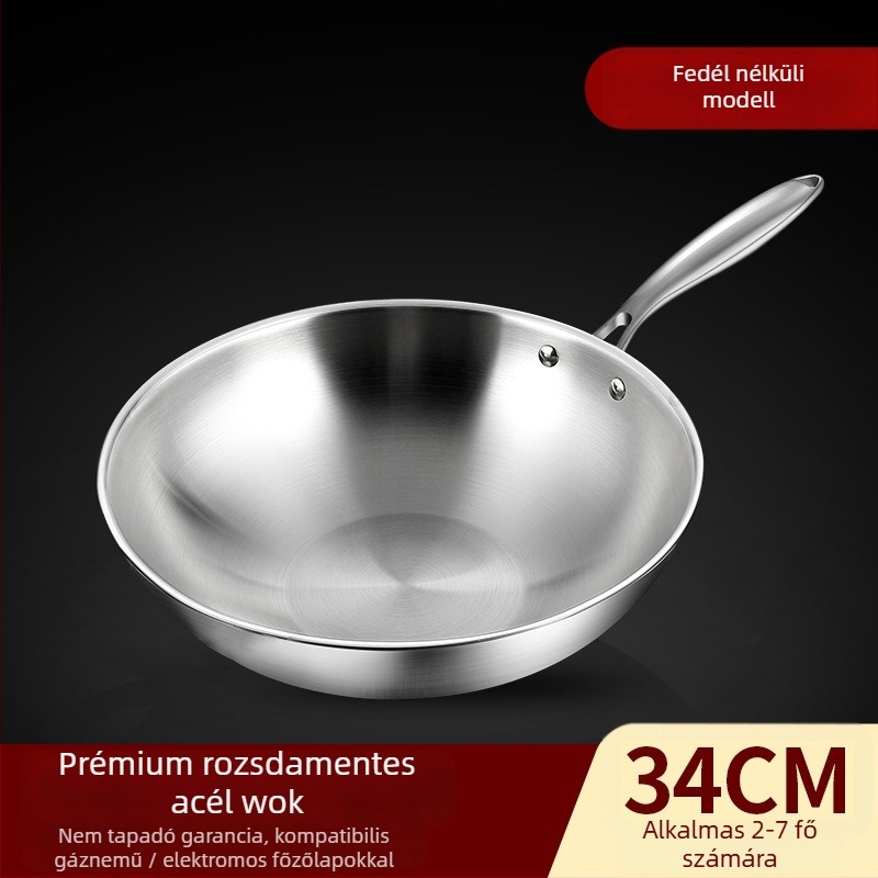 Rozsdamentes acél wok edény tapadásmentes felülettel, egyszeres aljzattal, 10 cm mély, univerzális tűzhelyhez kompatibilis