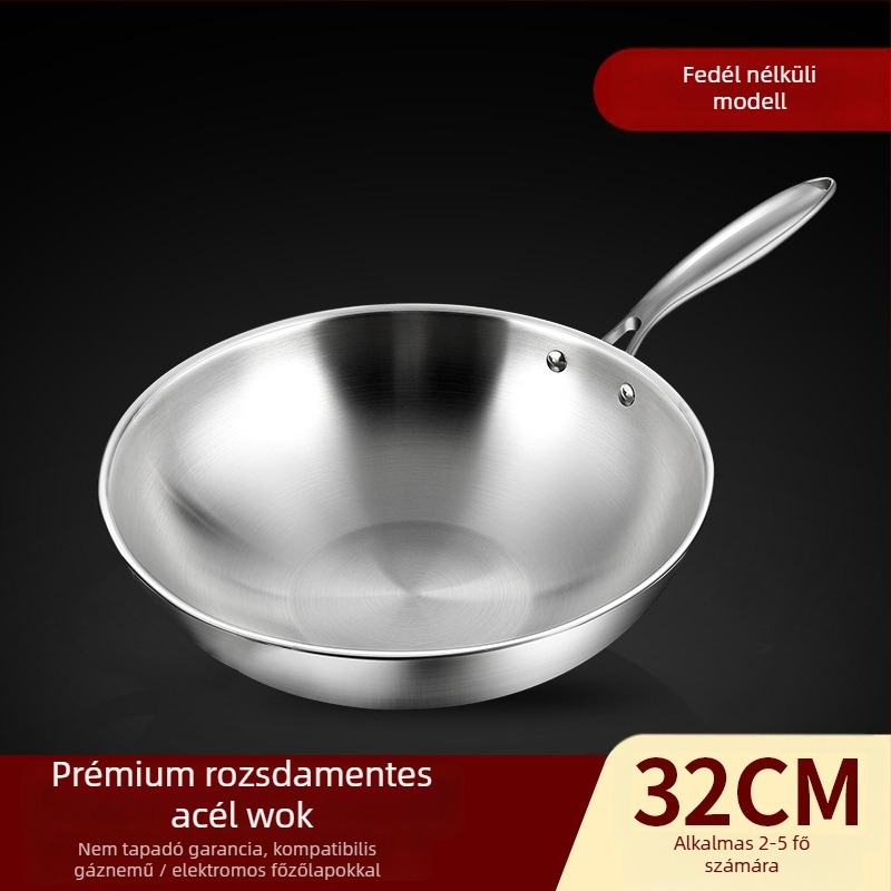 Rozsdamentes acél wok edény tapadásmentes felülettel, egyszeres aljzattal, 10 cm mély, univerzális tűzhelyhez kompatibilis