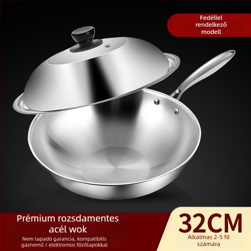 Rozsdamentes acél wok edény tapadásmentes felülettel, egyszeres aljzattal, 10 cm mély, univerzális tűzhelyhez kompatibilis
