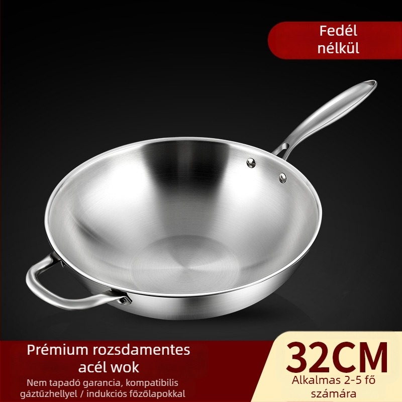 Rozsdamentes acél wok edény tapadásmentes felülettel, egyszeres aljzattal, 10 cm mély, univerzális tűzhelyhez kompatibilis