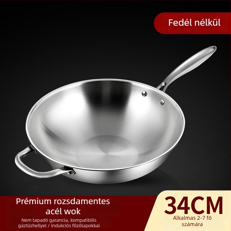 Rozsdamentes acél wok edény tapadásmentes felülettel, egyszeres aljzattal, 10 cm mély, univerzális tűzhelyhez kompatibilis