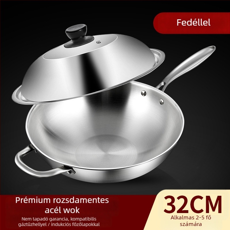 Rozsdamentes acél wok edény tapadásmentes felülettel, egyszeres aljzattal, 10 cm mély, univerzális tűzhelyhez kompatibilis