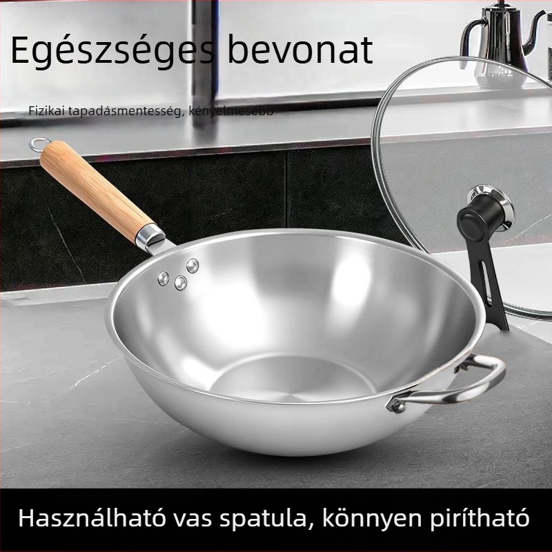 Rozsdamentes acélból készült tapadásmentes serpenyő, sík aljzatú, otthoni használatra, Rui'an családi stílus, üvegfedő, 410-es rozsdamentes acél