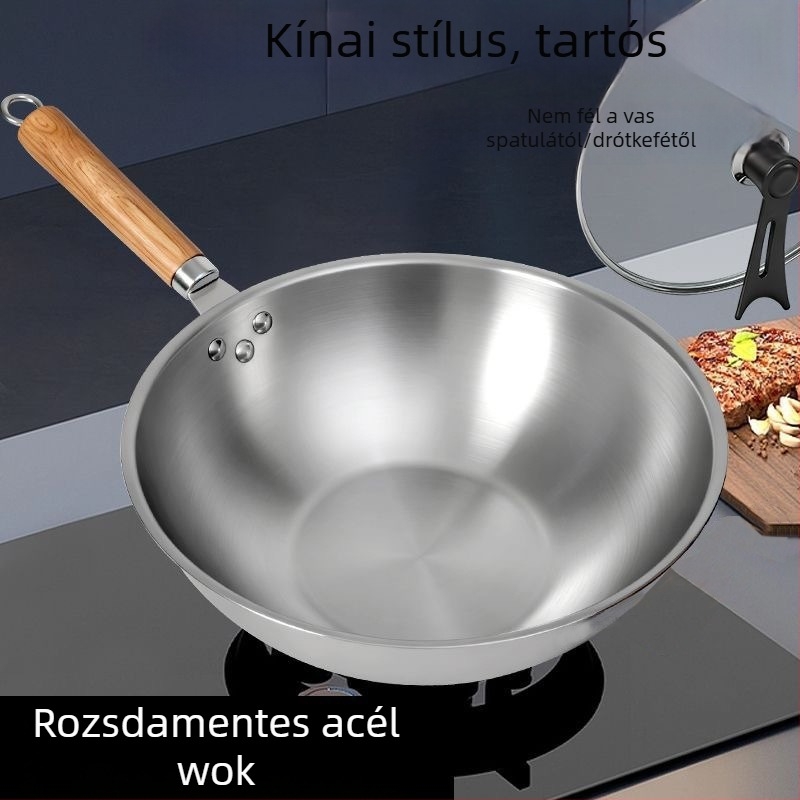 Rozsdamentes acélból készült tapadásmentes serpenyő, sík aljzatú, otthoni használatra, Rui'an családi stílus, üvegfedő, 410-es rozsdamentes acél