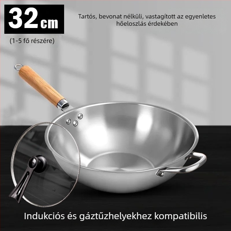 Rozsdamentes acélból készült tapadásmentes serpenyő, sík aljzatú, otthoni használatra, Rui'an családi stílus, üvegfedő, 410-es rozsdamentes acél