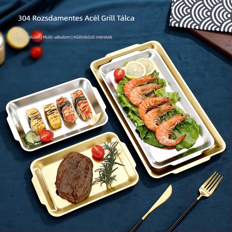 Rozsdamentes acél tányér, négyzet alakú, modern minimalista dizájn, mikrohullámú sütőben használható