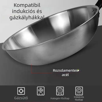 Rozsdamentes acél wok bevonat nélküli, üvegfedővel, gáz- és indukciós főzőfelülettel kompatibilis, 10 cm mély, 1,2 kg, modell 30-34