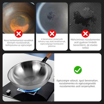 Rozsdamentes acél wok bevonat nélküli, üvegfedővel, gáz- és indukciós főzőfelülettel kompatibilis, 10 cm mély, 1,2 kg, modell 30-34