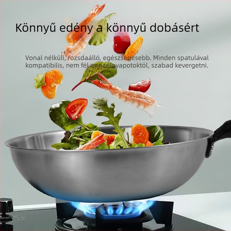 Rozsdamentes acél wok bevonat nélküli, üvegfedővel, gáz- és indukciós főzőfelülettel kompatibilis, 10 cm mély, 1,2 kg, modell 30-34