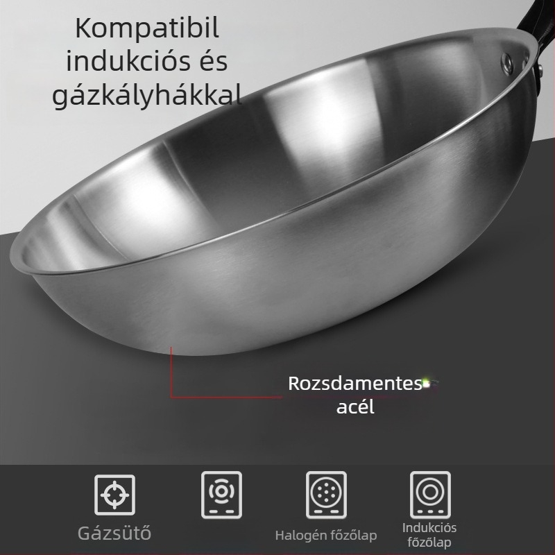 Rozsdamentes acél wok bevonat nélküli, üvegfedővel, gáz- és indukciós főzőfelülettel kompatibilis, 10 cm mély, 1,2 kg, modell 30-34