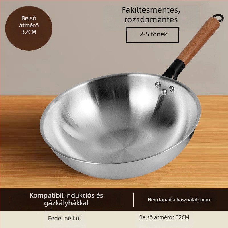 Rozsdamentes acél wok bevonat nélküli, üvegfedővel, gáz- és indukciós főzőfelülettel kompatibilis, 10 cm mély, 1,2 kg, modell 30-34