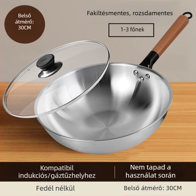 Rozsdamentes acél wok bevonat nélküli, üvegfedővel, gáz- és indukciós főzőfelülettel kompatibilis, 10 cm mély, 1,2 kg, modell 30-34