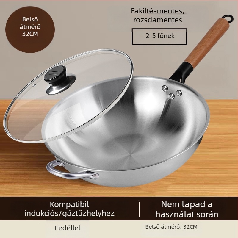 Rozsdamentes acél wok bevonat nélküli, üvegfedővel, gáz- és indukciós főzőfelülettel kompatibilis, 10 cm mély, 1,2 kg, modell 30-34