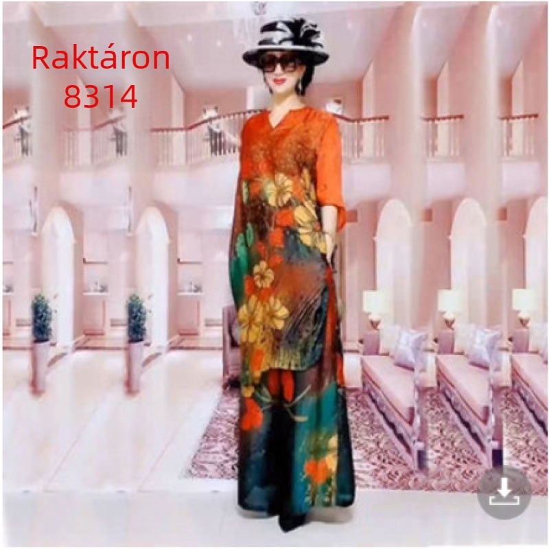 Floral mintás kétrészes készlet széles szárú nadrágokkal, poliészter anyag, 80-90% poliészter, 3/4 ujjú, elegáns stílus