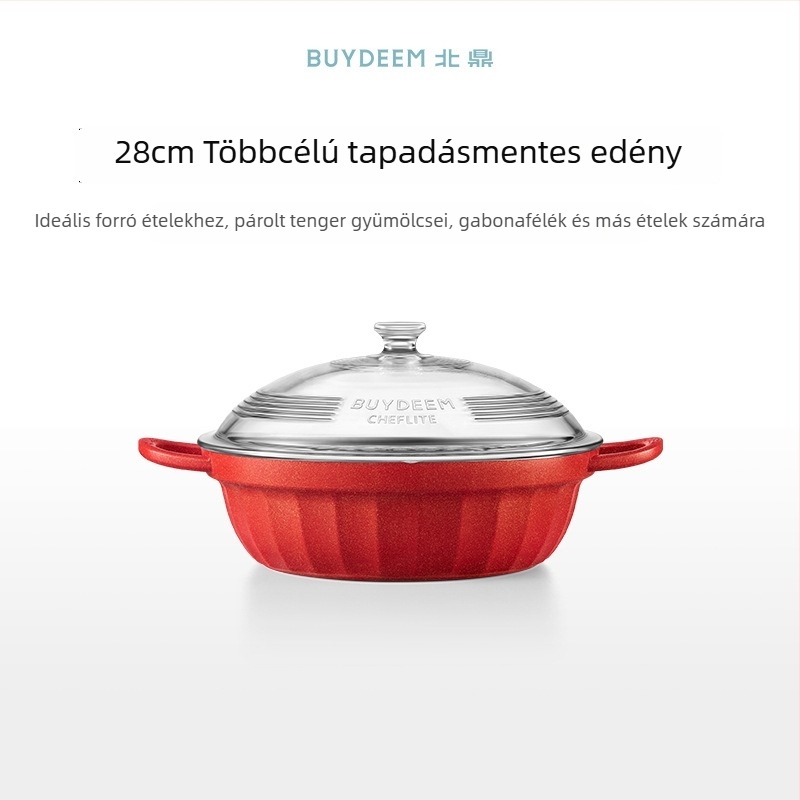 Elektronikus öntöttvas edény tapadásmentes kerámiabevonattal, üvegfedő, gyors hővezetés, modell Jg-214028, tömeg 2,5 kg