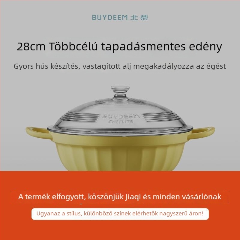 Elektronikus öntöttvas edény tapadásmentes kerámiabevonattal, üvegfedő, gyors hővezetés, modell Jg-214028, tömeg 2,5 kg